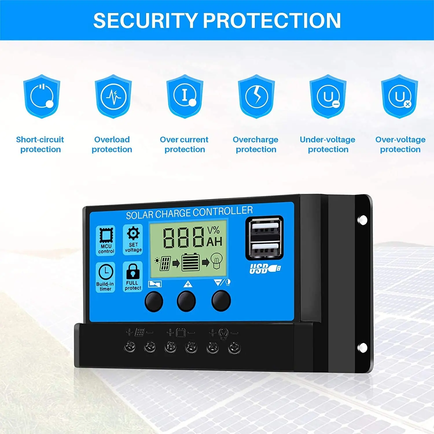 12V 24V PWM Solar Charge Controller with Adjustable LCD Display Dual USB Port Ti