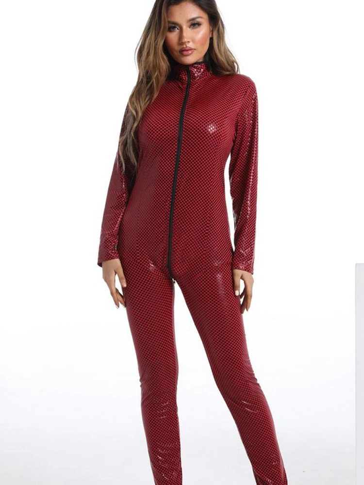 Long Sleeve Double Zipper Open Crotch Bodysuit Elastic Pu Leather