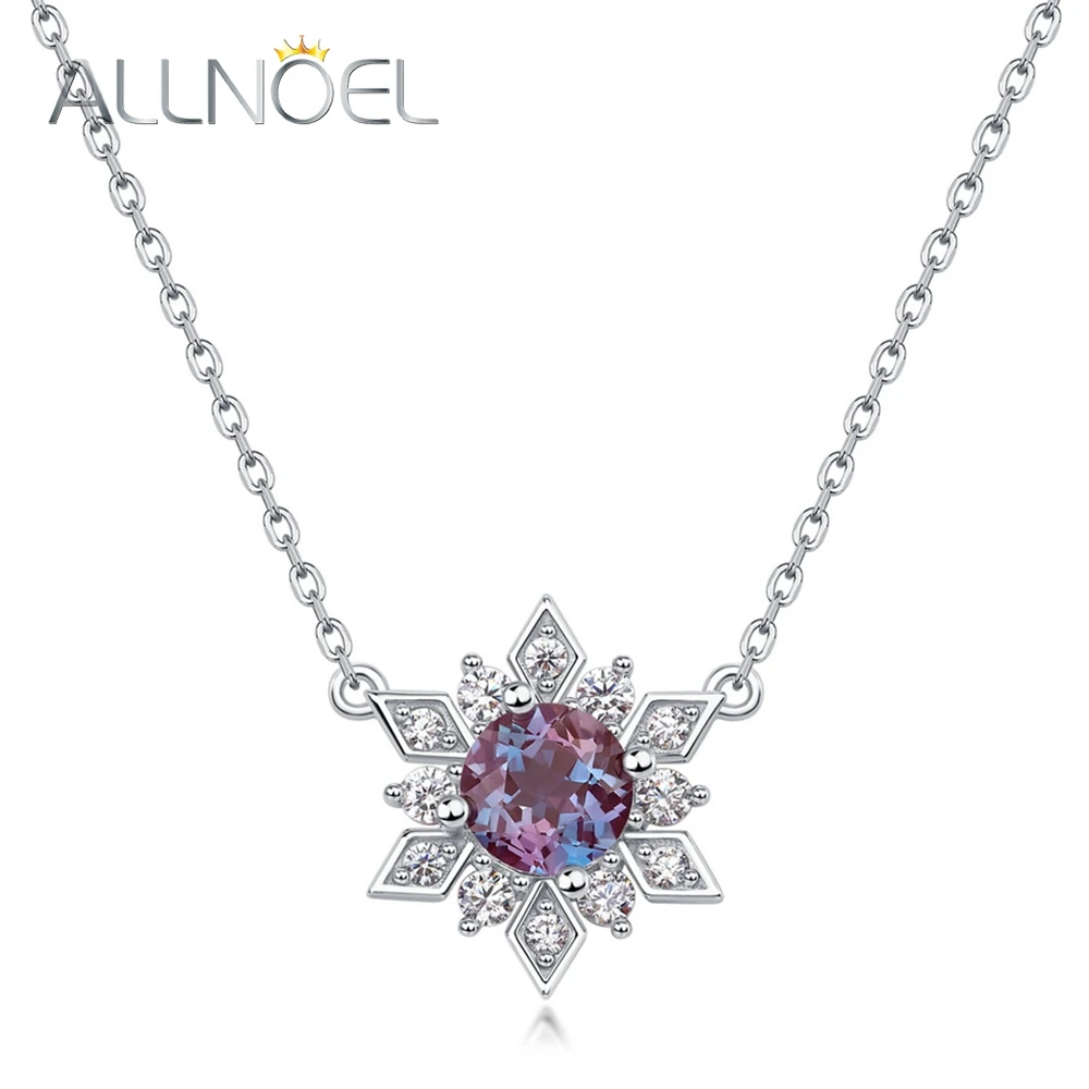 

ALLNOEL 925 Sterling Silver Necklace For Women Round Alexandria Gemstone Snowflakes Sparkling Birthday Gifts Fine Jewelry