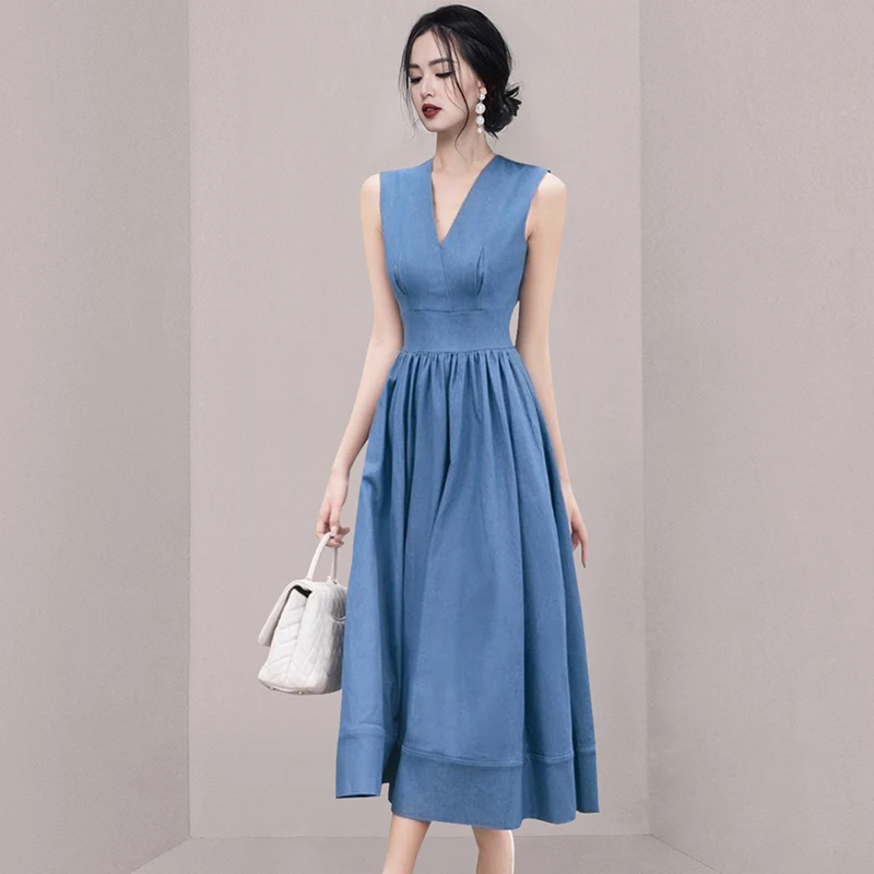 

2023 Summer New Denim Blue Temperament V-Neck Sleeveless Long Dress Fashion Waist Wrap Dress Women HN0979069