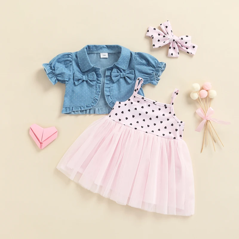 0-3 Years Baby Girls Dress Set Spaghetti Strap Sleeveless Tulle Tutu Dress with Short Sleeve Jacket and Headband Children Sets