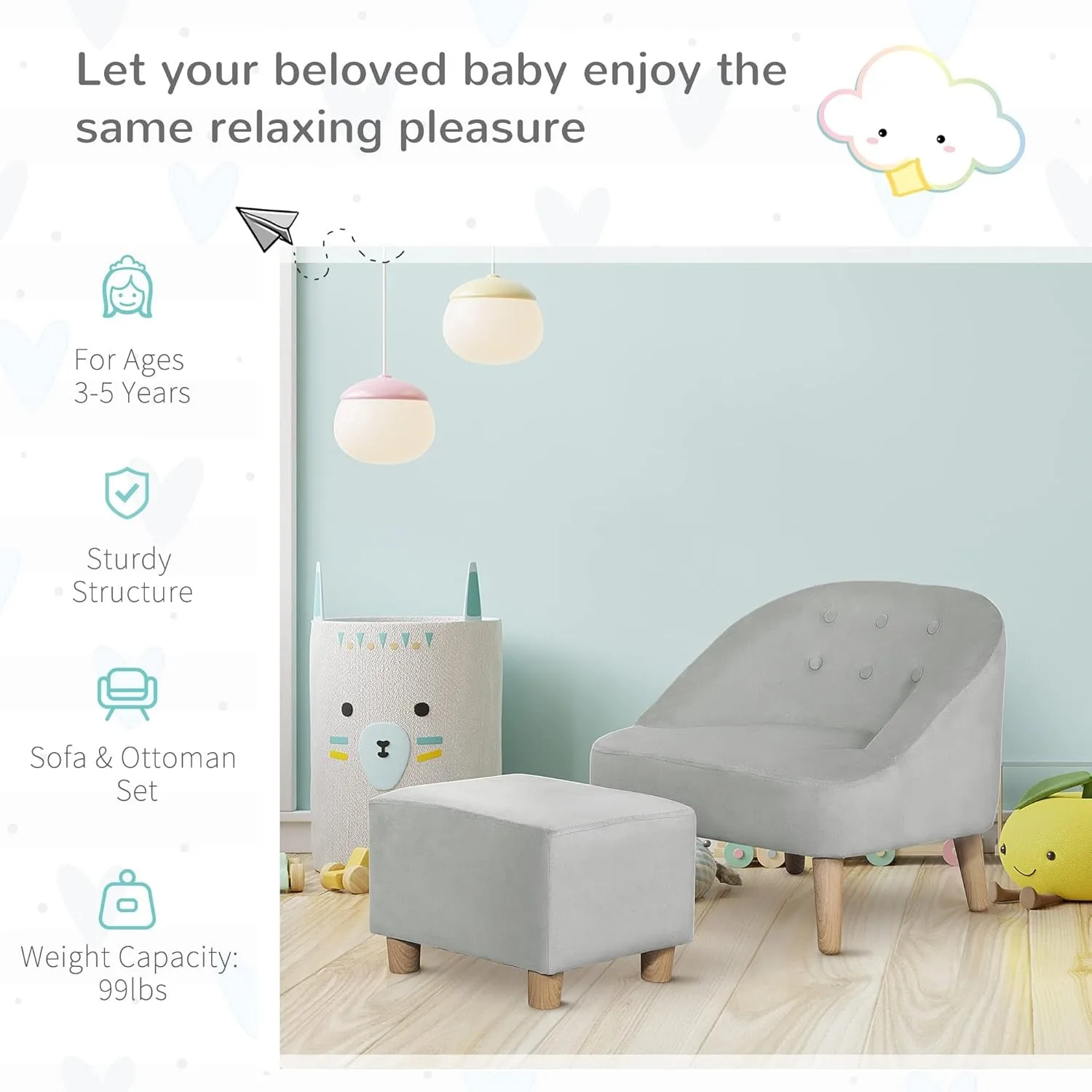 Qaba Kids Sofa Set, Toddler Chair, Sofa & Ottoman for Bedroom, Playroom, Children's Couch for 3-5 Years, Grey 4