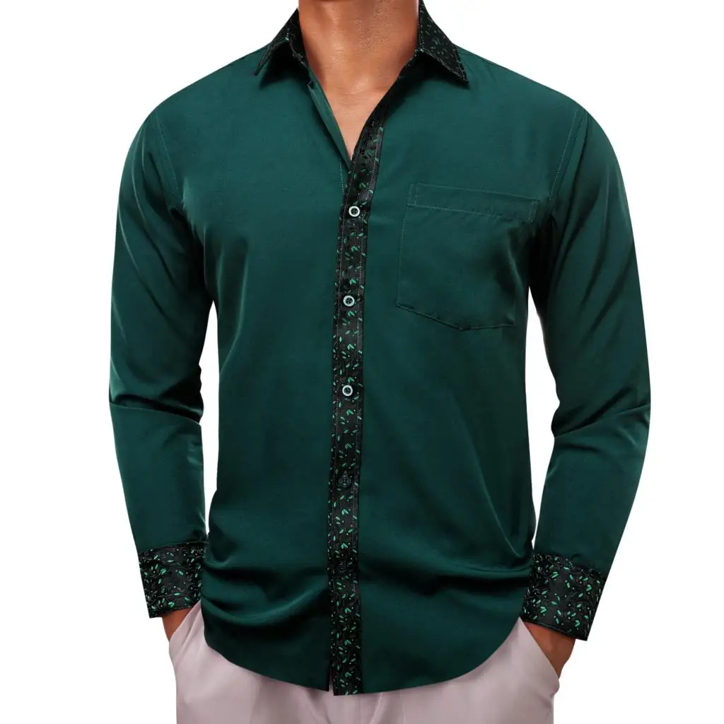 

Designer Shirts for Men Silk Green Black Solid Plain Patch Long Sleeve Slim Fit Male Blouses Casual Tops Barry Wang