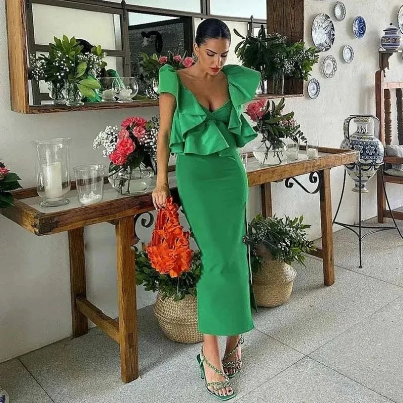 

Musetta Elegant Green Satin Evening Dresses Pleat Cap Sleeves Tea Length Prom Gowns Ruffles Lady V Neck Special Occasion Dress