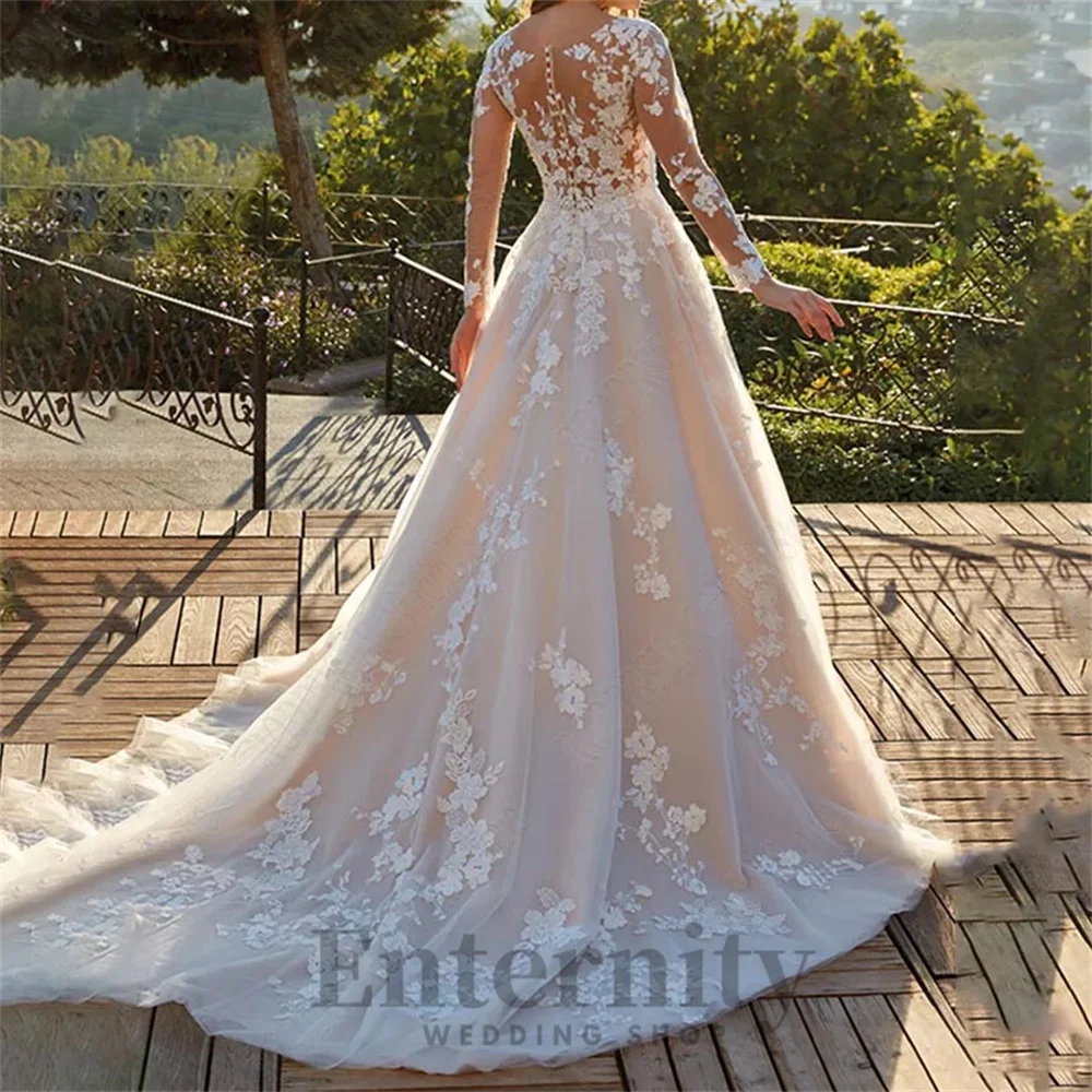 Enternity Fashionable A-line Wedding Gown For Bride Full Sleeves Court Train O-neck Lace Appliques vestidos de novia Customized 2