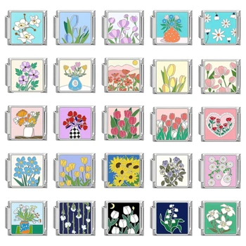 Y2K Charm Rose Sunflower Orchid Tulip Cherry Italian Charm Links Fit 9mm Bracelet Stainless Steel DIY Jewelry Making Wholesale 1