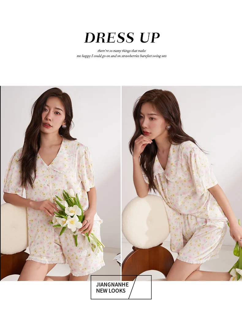 CRLAYDK 2023 Summer Flower Pamas Set for Women  Short Sleeve Satin Silk Button Down Sleepwear Bride Soft Pjs Loungewear_voghion.com