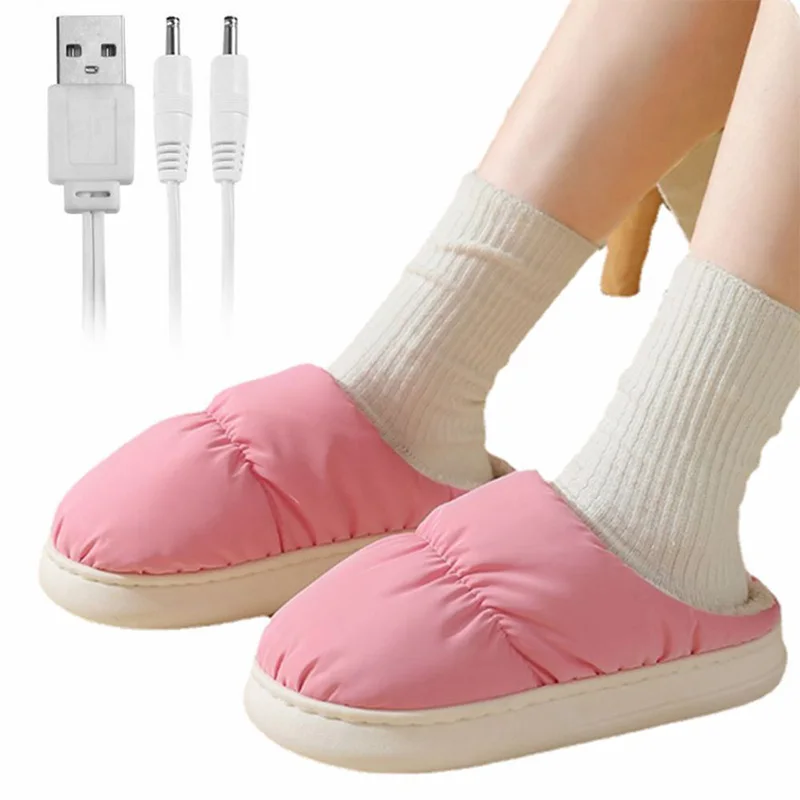 

USB Heated Cotton Slippers Women Men Winter Heated Feet Warmer Indoor Home Non-Slip Plush Slipper Soft Flat Sole Footwear Boots