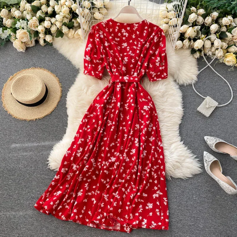S9f480fe3c987428893a3506bd05a57f7v Korean Red elegant sexy Dress women Summer Autumn V-neck polka dot midi dress waist split dress vestidos de fiesta clothes