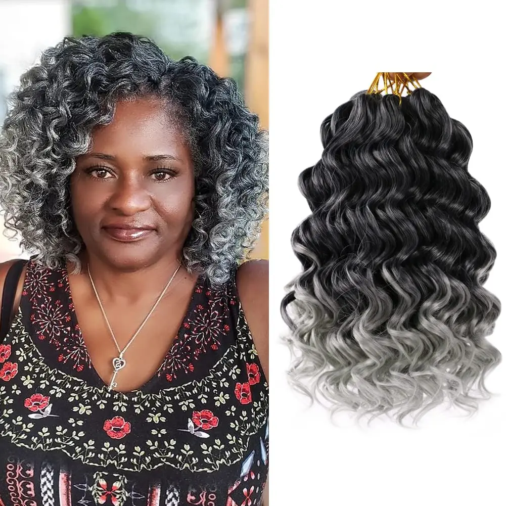 9 12 14 Inch Short Curly Ocean Wave Crochet Hair Black Brown Grey Crochet  Braids Deep Twist Synthetic Braiding Hair Extensions