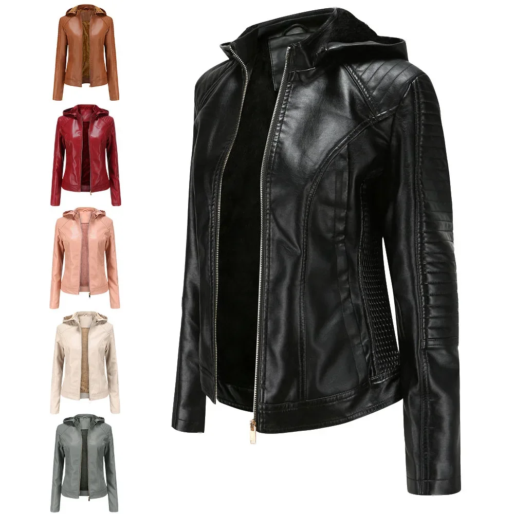 Women Leather Jacket New Style Cross-border Fleece-lined Women's Leather Jacket Hoodie Autumn/winter Warm