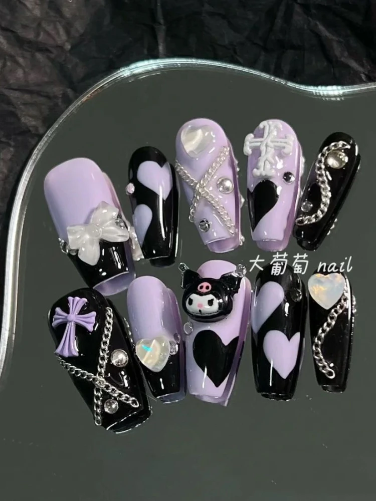 Sanrio Kuromi-Seamless removível unhas postiças, Black Heart Coffin, roxo  Bow Nail Art com design por manicure profissional - AliExpress