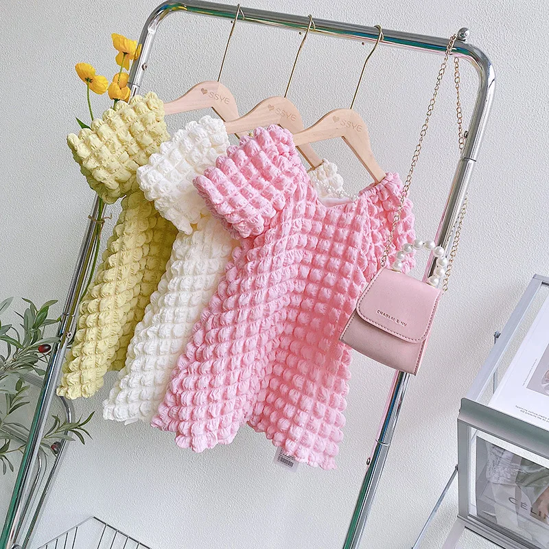 

Summer Children Korean Bubble Sleeve Skirt Baby Girls Solid Color Fashionable Super Fairy Princess Dress Kids Birthday Clothing