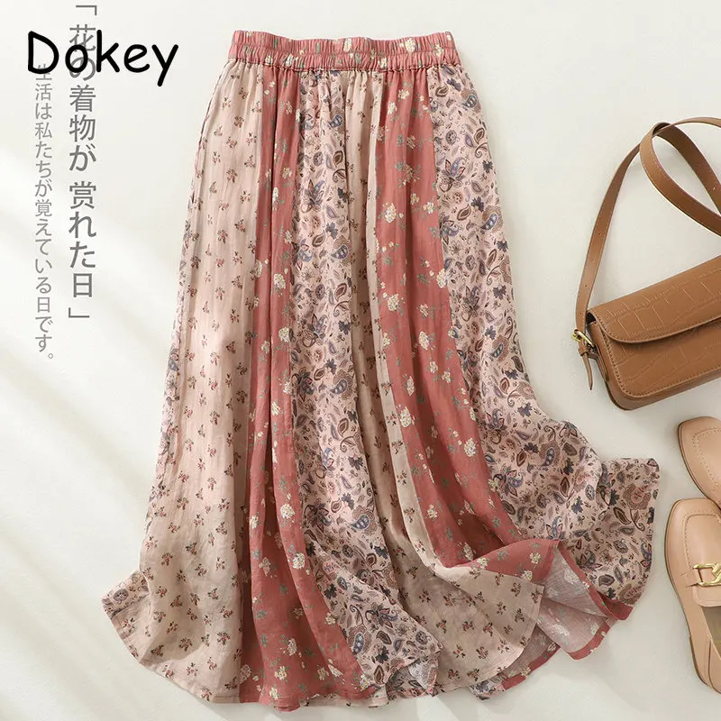 

Vintage Bohemian Cotton Linen Long Skirts Women Japanese Casual Elastic High Waist Pleated Flower Patchwork Skirts saia feminina
