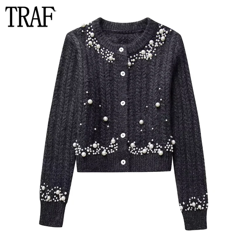 

Кардиган женский трикотажный с искусственным жемчугом и длинным рукавом