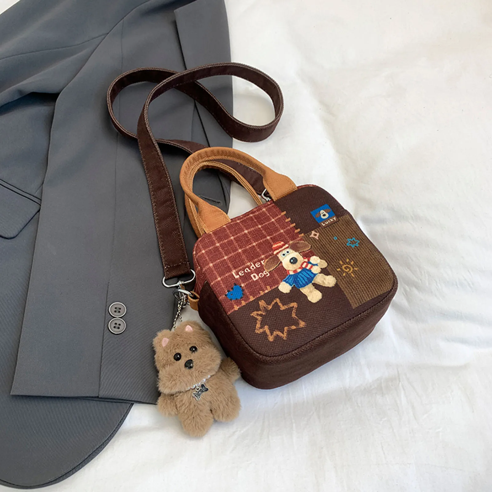 Women Cartoon Plaid Crossbody Bag W/Pendant Shoulder Bag Small Tote Bag for Travel Shopping Daily Use