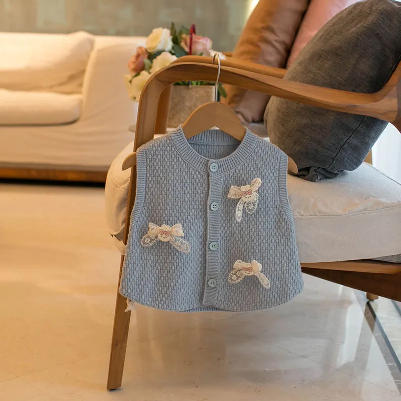 Autumn Baby Girls Knit Vest Sweet Lace Bow Waistcoat