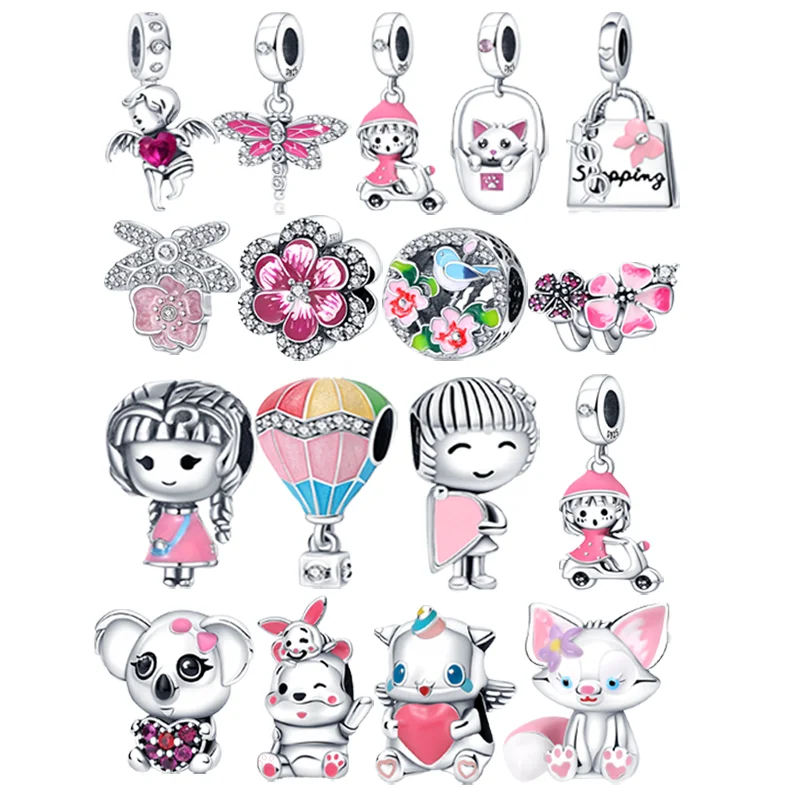 

Fit Pandora 925 Sterling Silver Original bracelet Hot Air Balloon Pink cat doll Animal charm beads DIY jewelry making 2022