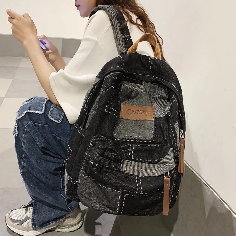 Trendy Cool Patch Women Backpack Washed Denim College