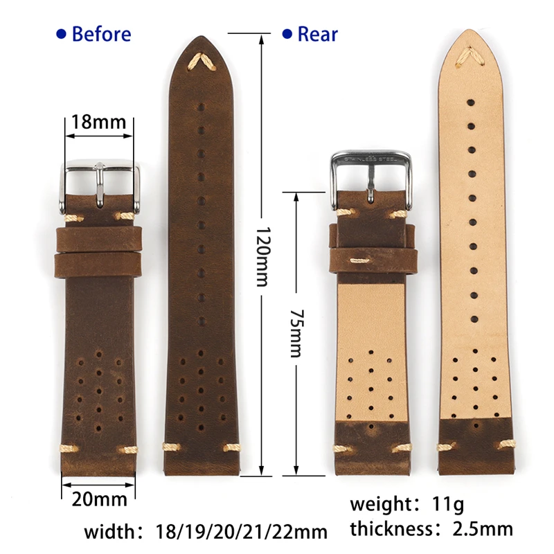 Handmade Genuine Leather Watch Band 18mm 19mm 20mm 22mm Retro Cowhide Sweatproof Strap Replacement Belt for Men Watch Bracelet