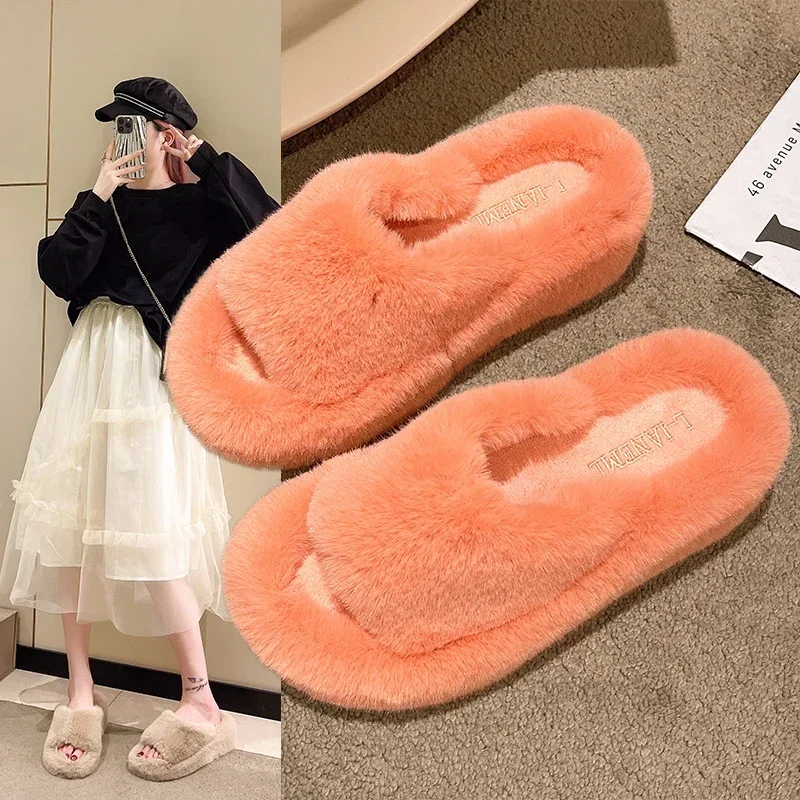 

Warm Fluffy Slippers Women Fashion Cozy Faux Fur Cross Indoor Floor Flat Soft Furry Ladies Female Celebrities Flip Flops