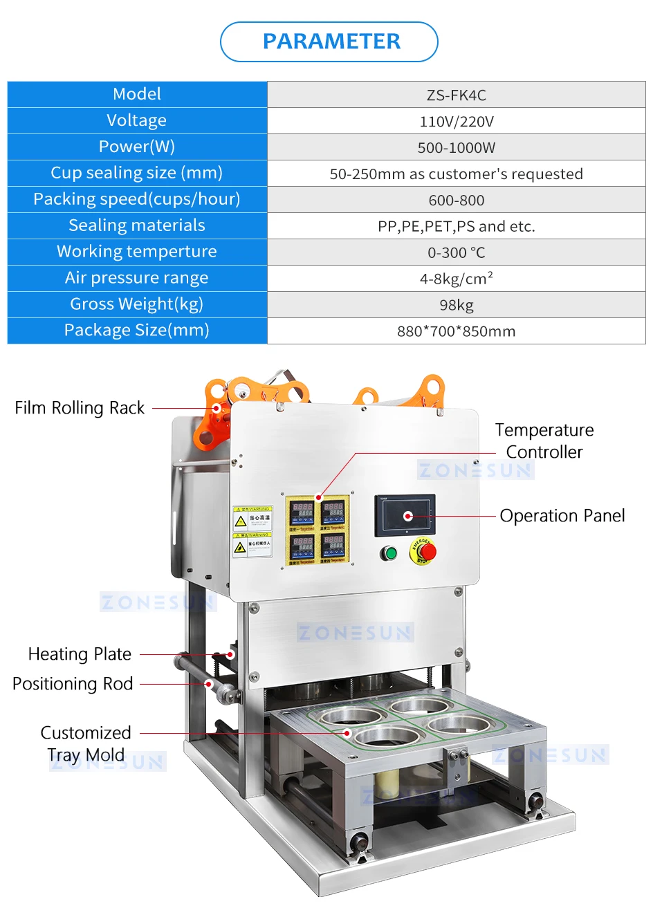 ZONESUN ZS-FK4C Semi Automatic Yogurt Cup Sealing Machine