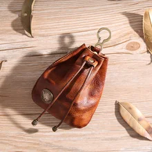 Handmade Genuine Leather Coin Purse Men's American Retro Drawstring Wrist Hanging Storage Bag Vegetable Tanning Leather Key Case