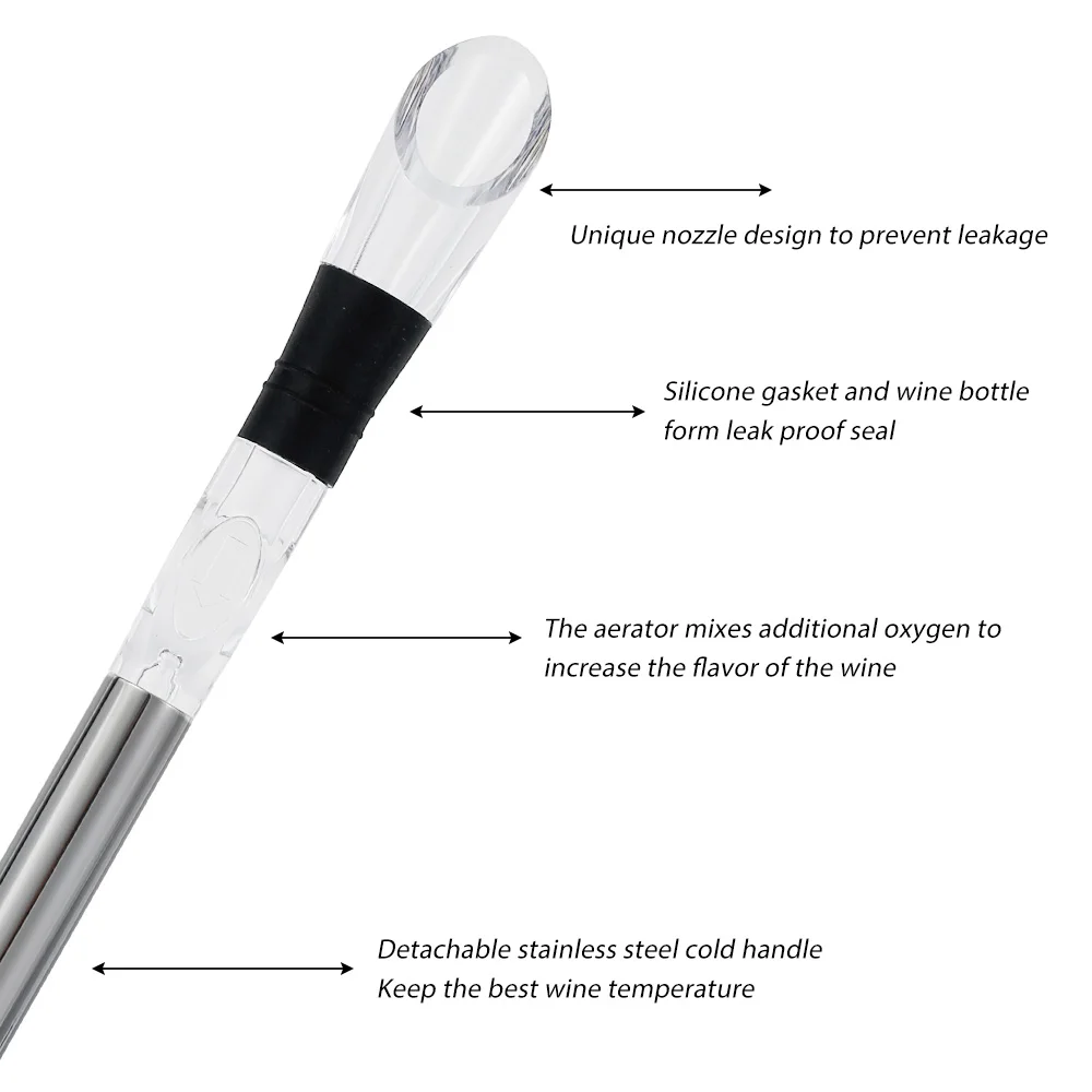 Stainless Steel Wine & Beverage Chill Rod with Aerator Pourer and Stopper