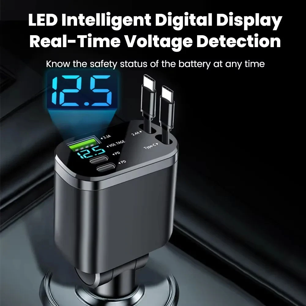 Universal Multi-Function Fast Charging Car Charger with Retractable Cable