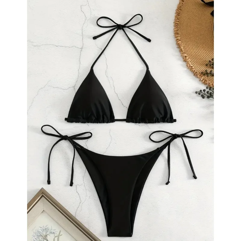 Bikini Set Women's Solid-color Separate Beach Wear Halter Three-point Backless Adjustable Lace-up Swimsuit