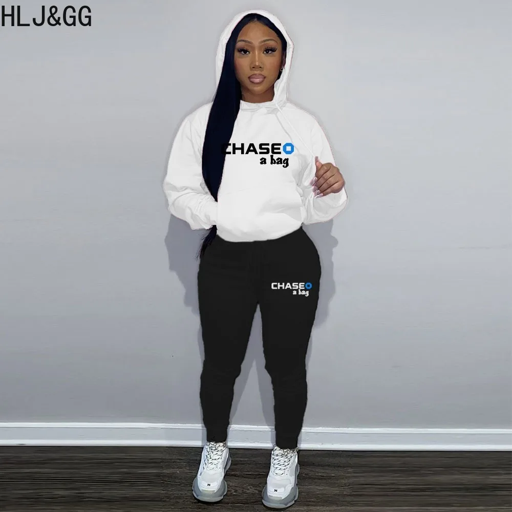 HLJ&GG Autumn Casual Letter Print Hooded Tracksuits Women Long Sleeve Sweatshirts And Jogger Pants Two Piece Female 2pcs Outfits