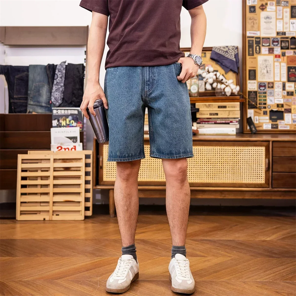 Red Tornado Casual Denim Shorts Loose Straight Fit Vintage Workwear Men's Jean Short