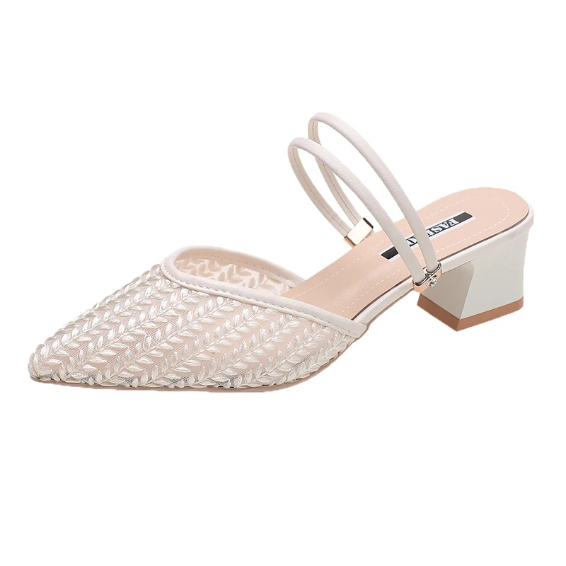 Strin Bead Pantofole Casual Tacco quadrato Scarpe Donna Tacchi a punta Diapositive Med Pantofle Block Hih Cover 2024 PU_voghion.com