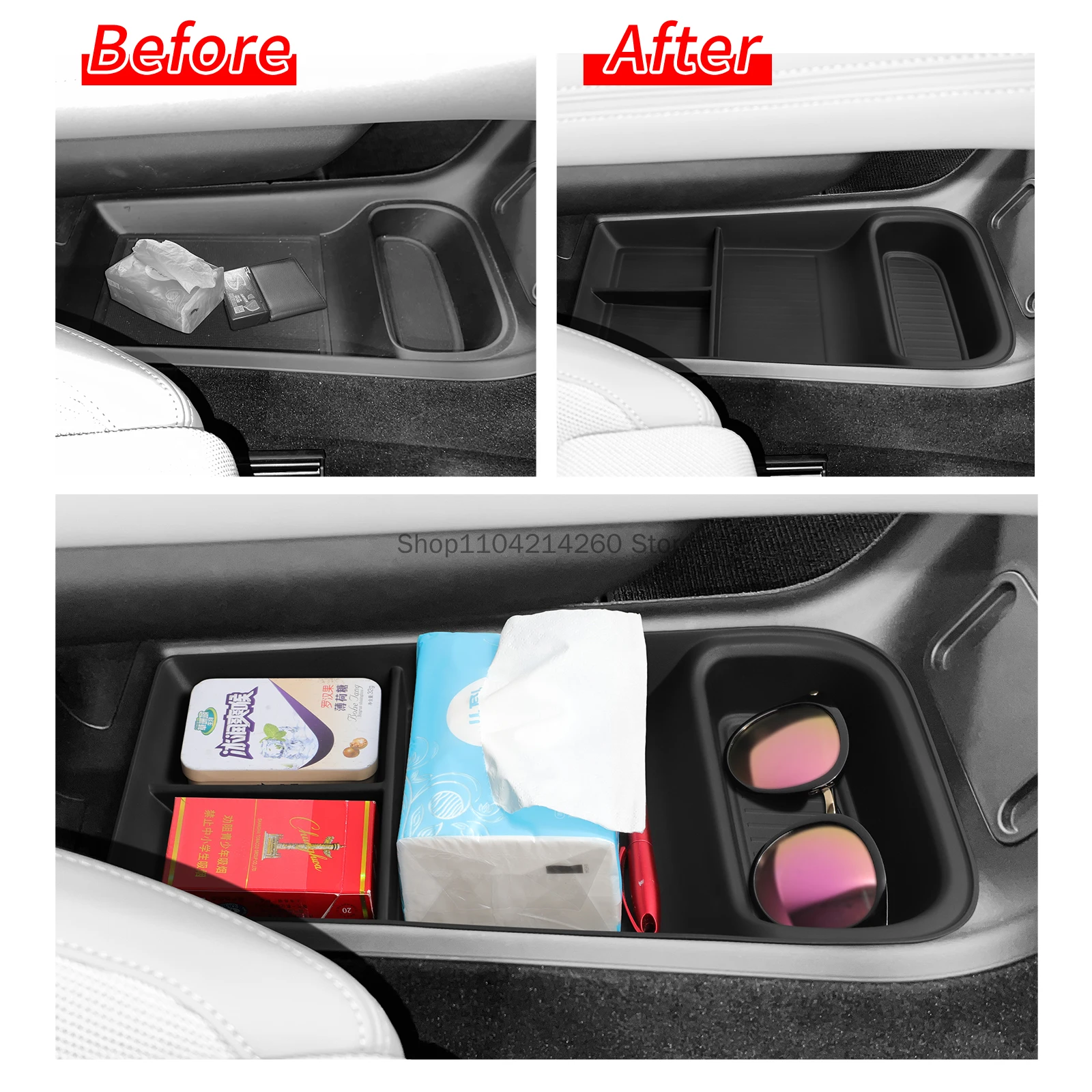 For Polestar 4 Car Central Storage Box Center Console Lower layer Tray Organizer Accessories Tidying BLACK