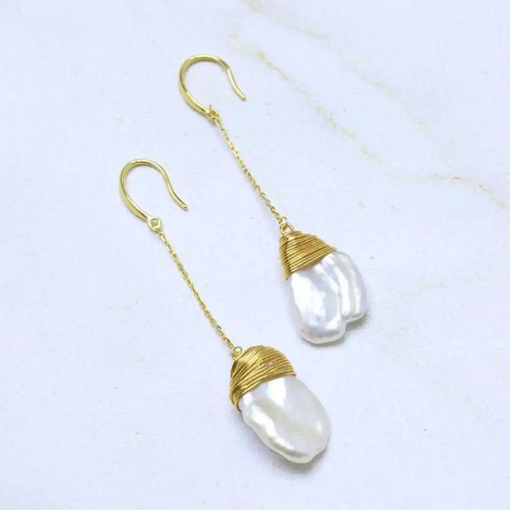 White Baroque Freshwater Pearl Coin Pearl Earrings 18k Chain Eardrop CARNIVAL Mother's Day Aquaculture Jewelry Holiday gifts