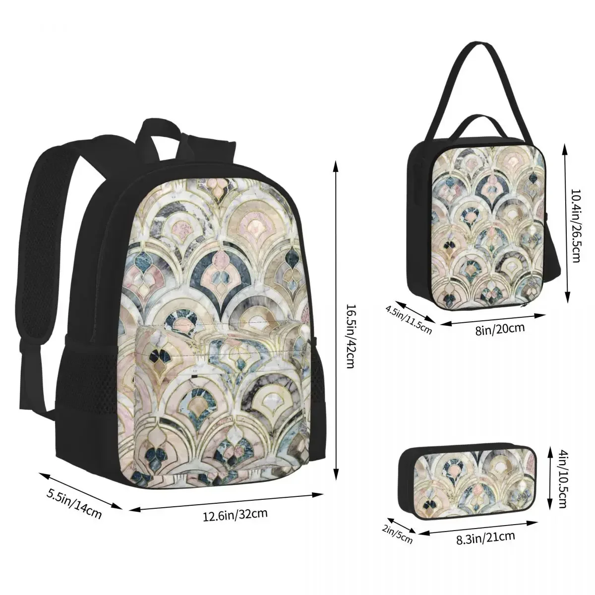

Art Deco Marble Tiles In Soft Pastels Backpacks Students School Bags Cartoon Kids Rucksack Lunch Bag Pen Bag Three-Piece Set