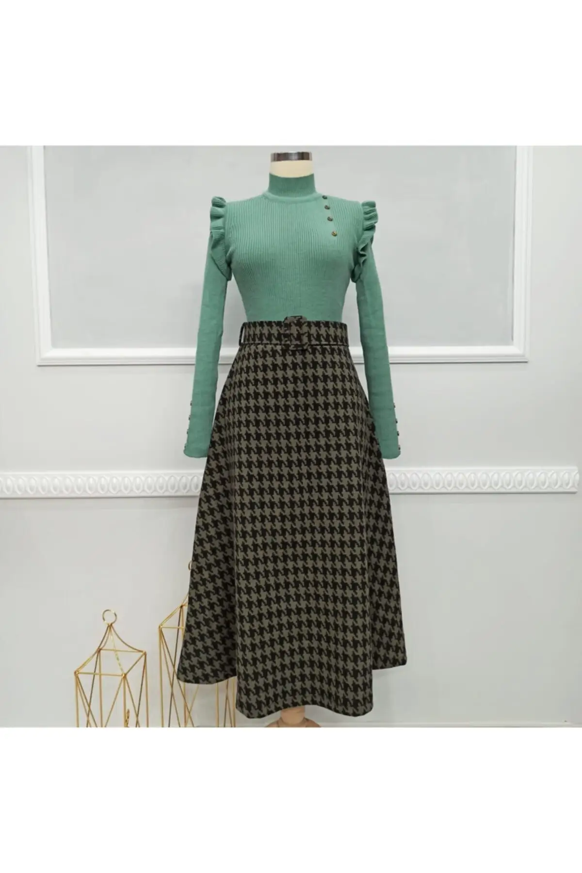 

Winter Belt Plaid Long Skirt/Plaid Closed Trend Khaki Cotton Acrylic High Waist Hijab Clothing
