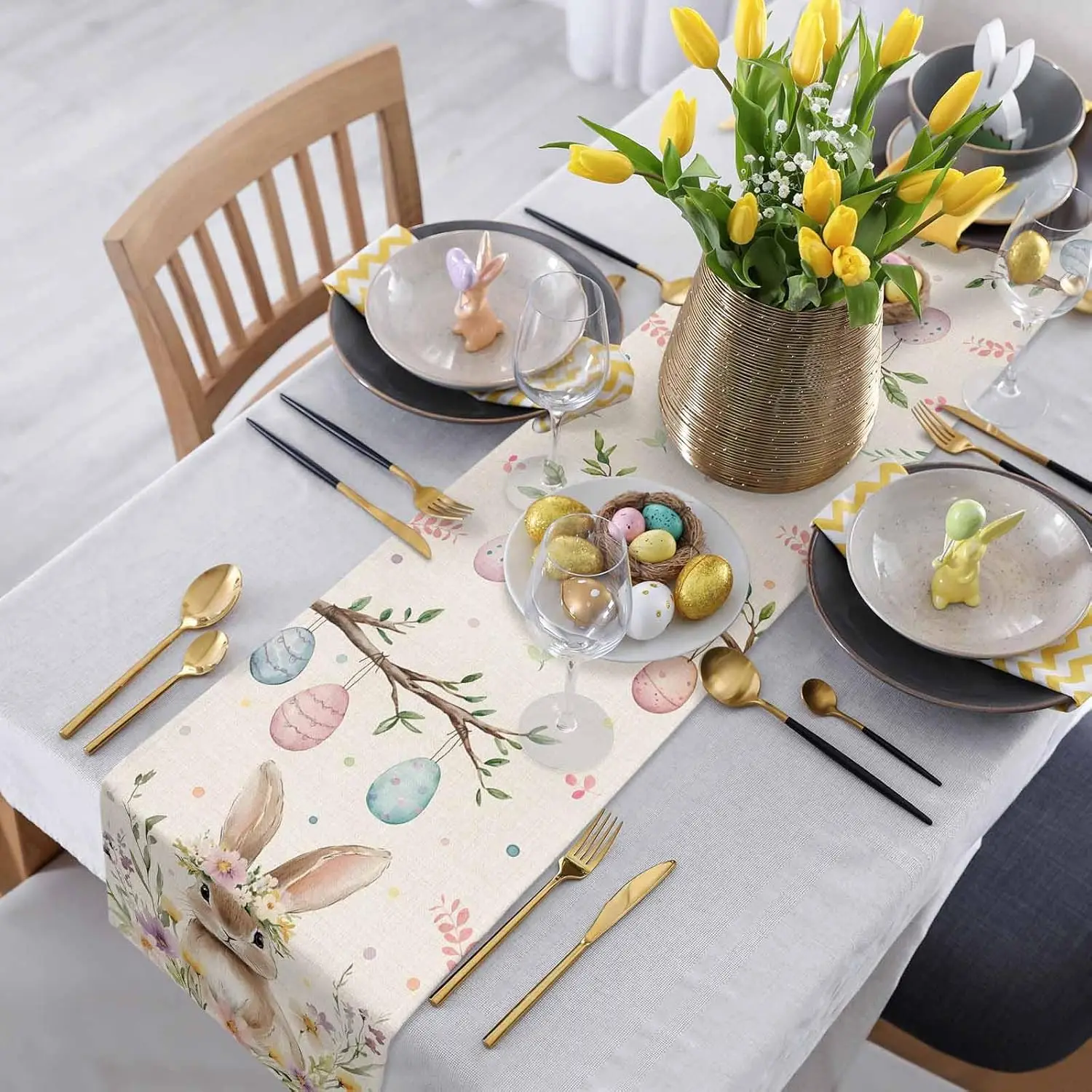Spring Easter Bunny Eggs Flowers Linen Table Runner Holiday Party Decor Rustic Floral Botanical Table Runners Easter Decorations 6