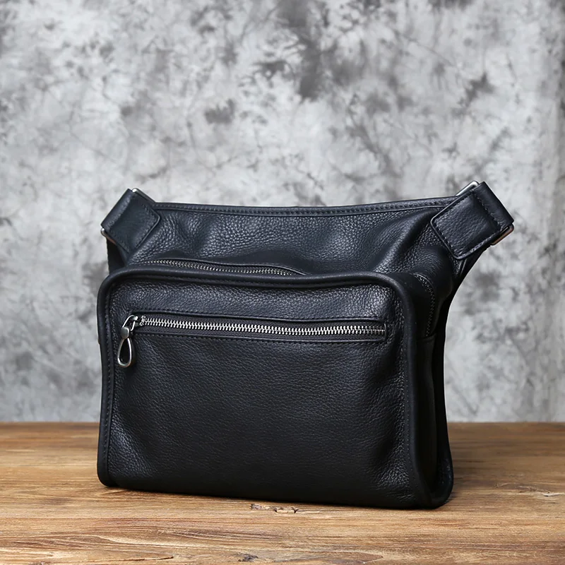 NZPJ Leather Men's Shoulder Bag Casual Messenger Bag Top Layer Cowhide Horizontal Section Solid Color Trend Tablet Computer Bag