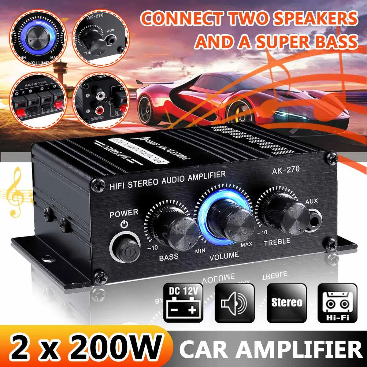 AK170/AK270 Mini Digital Power Audio Car Amplifiers Blue Light Stereo Audio Amplifier for Home Theater Club Party Music 200W x2