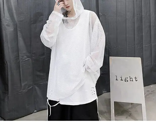 2024 Summer Dark Hollowed Out Mesh Hoodies T-shirt For Men Women Long Sleeves Loose Hooded Mesh Transparent Shirts