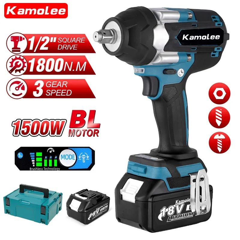 Kamolee 1800N.m High Torque Electric Impact Wrench 1/2 inch DTW700 with one battery 600n m brushless electric impact wrench with battery rechargeable 1 2 cordless wrench power tool for makita 18v battery