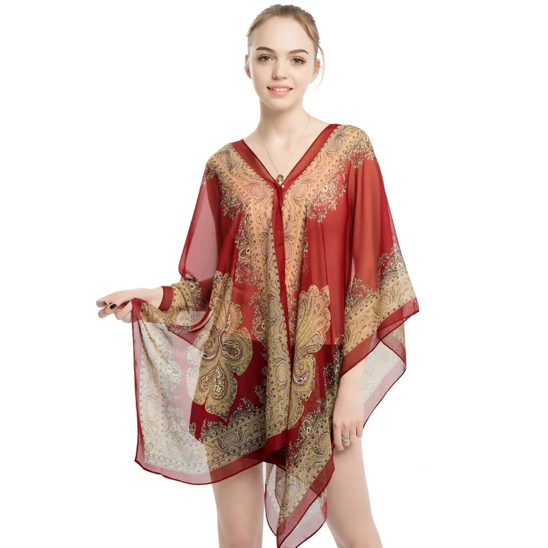 Women Sun Protection Shawl for Cycling Lady Summer Chiffon T-shirt Holiday Paisley Scarf Bikini Blouse Breathable Beach Wrap New women cashmere feel shawl lady classic paisley cape spring fall vintage cardigan winter relief feeling cloak soft large blanket