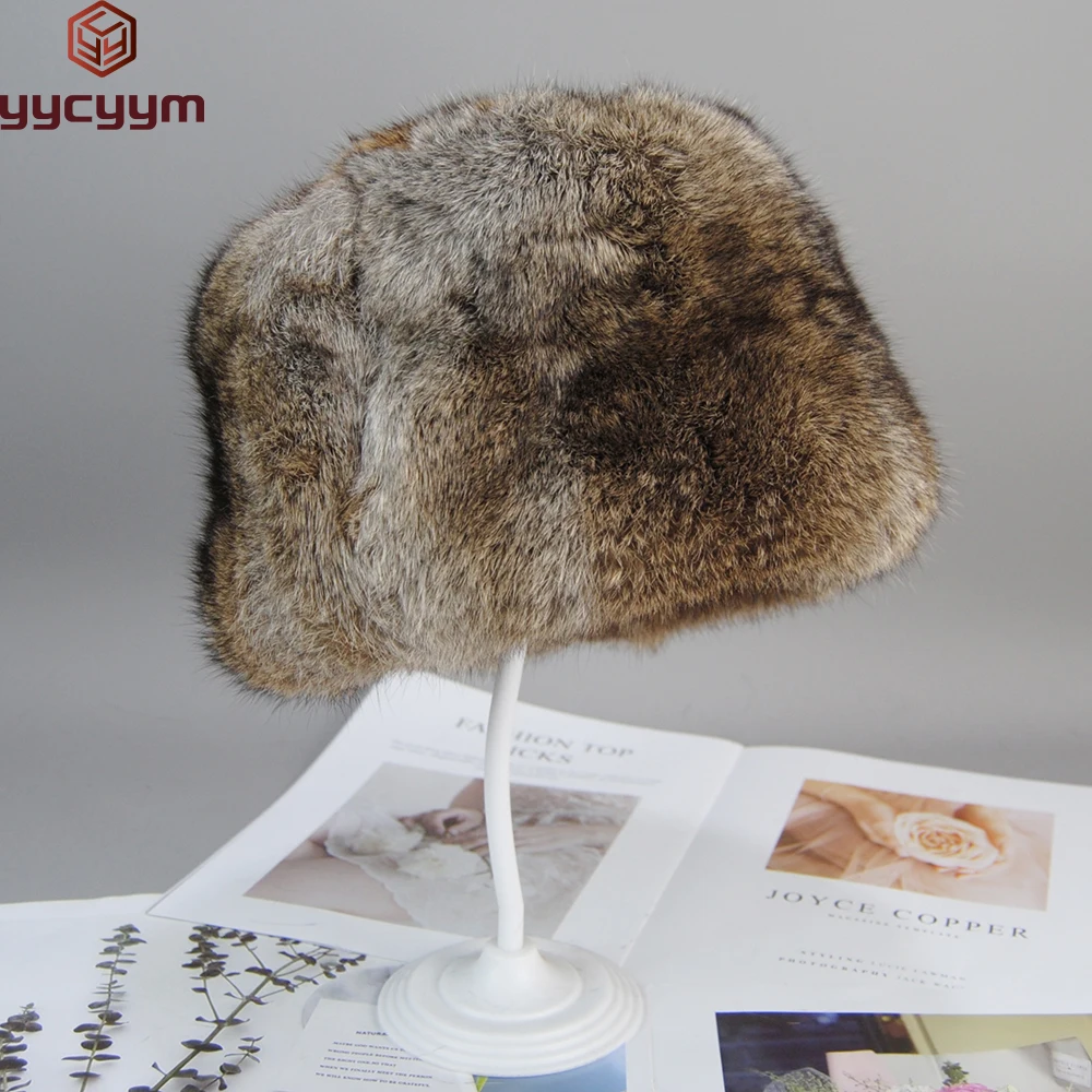

Rabbit Fur Cap Man Winter Genuine 100% Fur Bomber Hat Windproof Warm Earmuff Male Flat Outdoor Warm Russian Hat Fitted Casquette