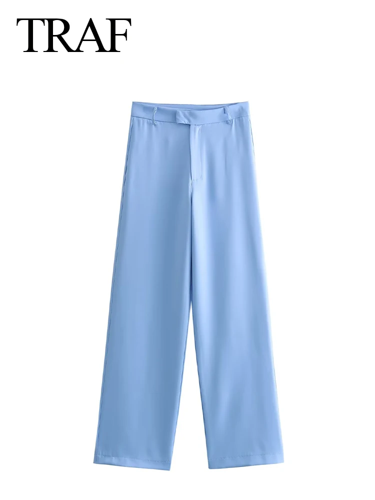 

TRAF Woman's New Fashion Spring Casual Trouser Blue Mid Waist Pockets Zipper Buttons Full Length Pant Female Chic Wide Leg Pants