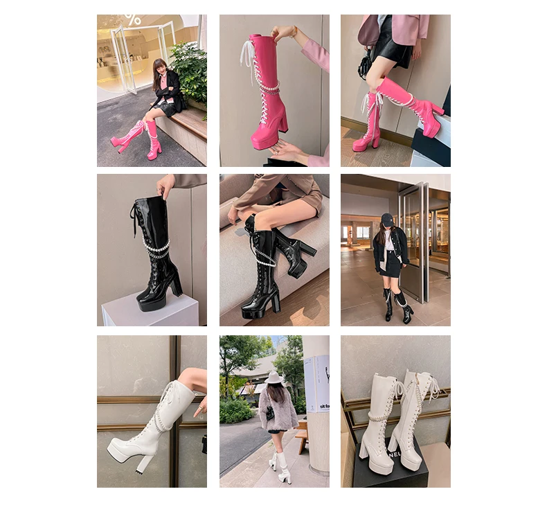 Shiny Patent Leather Super Platform Chunky Heel Metal Chain Pearl String Motorcycle Boots Cross Lace Up Side Zip Punk Knee Boots