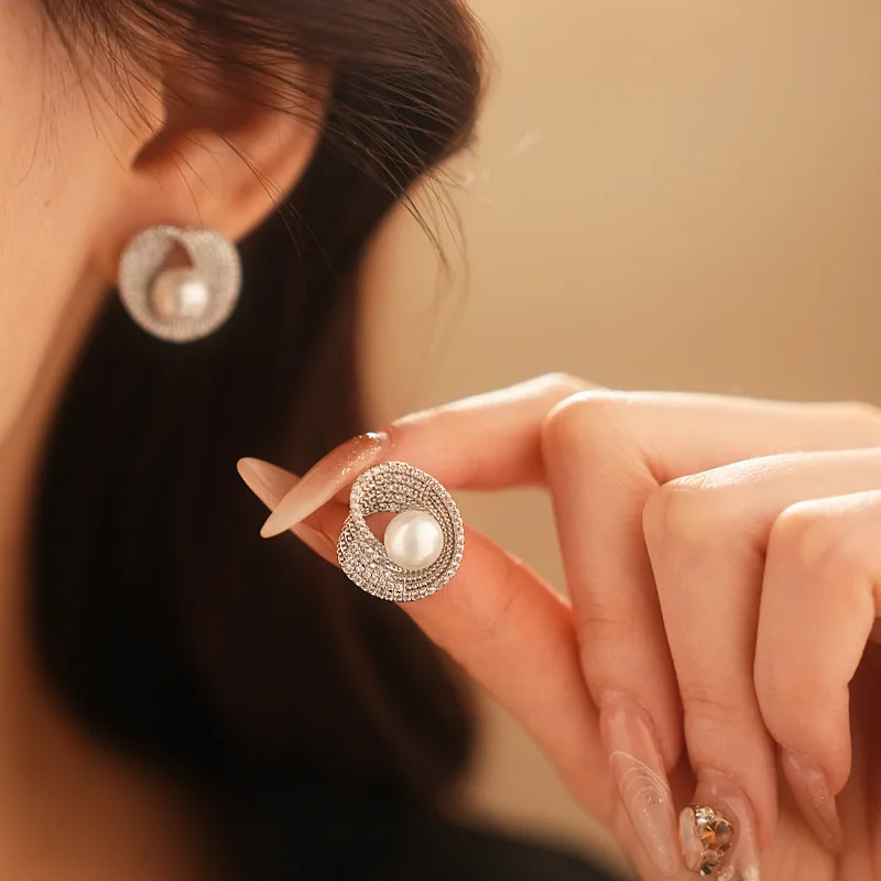 Zircon Round Pearl Earrings for Women Irregular Stud Earring Wedding Party Jewelry