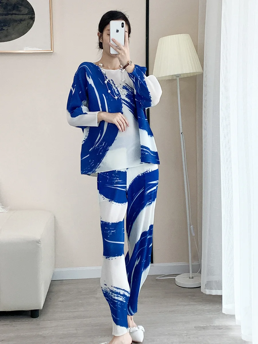 

Pleated Spring Printed Temperament Casual Suit Women Loose Fashion Slim Long Two-piece 2023 New Set