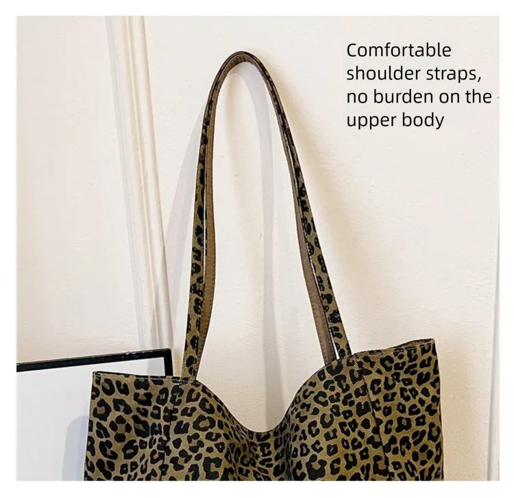 Doppelseitige Canvas-Tragetasche mit Leopardenmuster, große Kapazität, Damen-Umhängetasche im College-Stil, lässige Handtasche im City-Stil, Pendler-Tasche – Detail 5