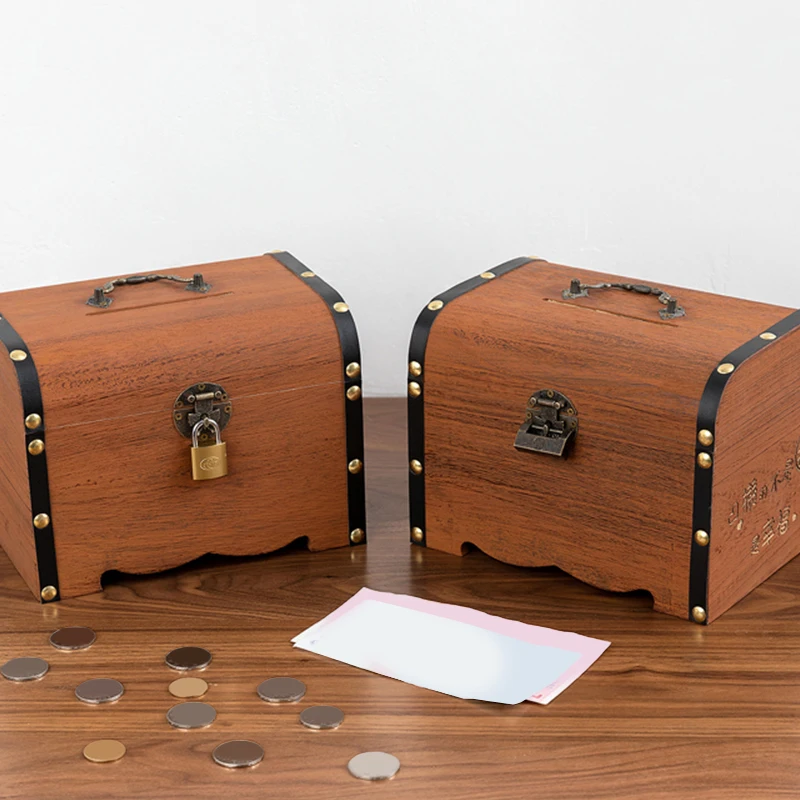 1 Set With Lock Piggy Bank Organizer Saving Case For Home Decoration Vintage Storage Box Wooden Treasure Chest_voghion.com